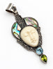 Vintage Bali 925 silver pendant with carved female face, abalone shell and blue green stone accents
