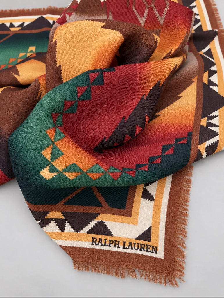 Close-up of vintage Ralph Lauren wool scarf showing Ralph Lauren logo