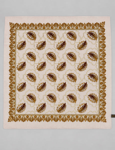 Vintage Swiss wool square scarf with blush caramel and brown hand-printed floral design