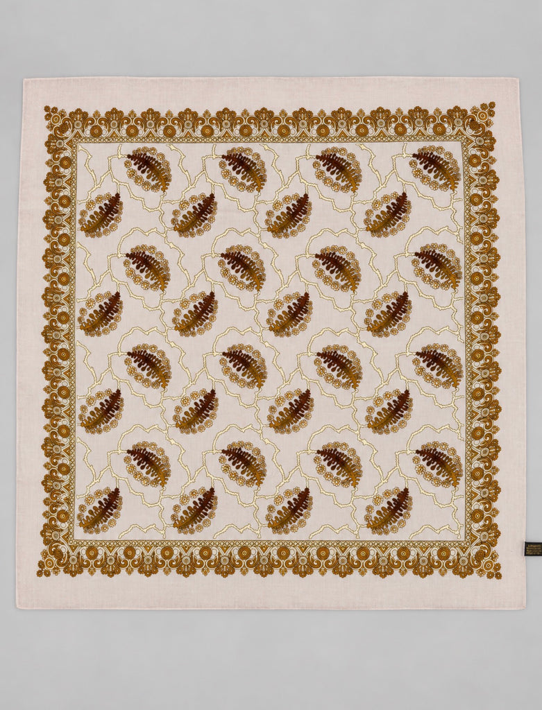 Vintage Swiss wool square scarf with blush caramel and brown hand-printed floral design