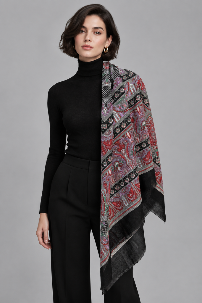 Woman wearing large Italian paisley scarf draped as a shawl over black outfit