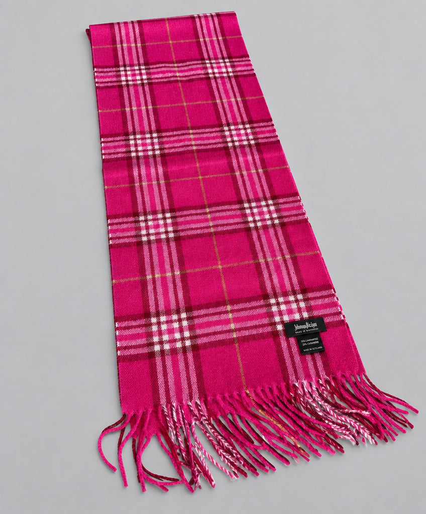 Long pink plaid cashmere scarf laid flat showing fringed ends