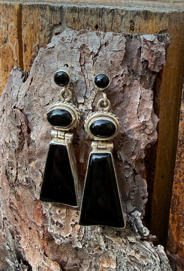 Vintage sterling silver black onyx drop earrings showing three-tier geometric design