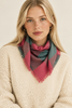 Model wearing vintage pink and teal Scottish wool square scarf around neck