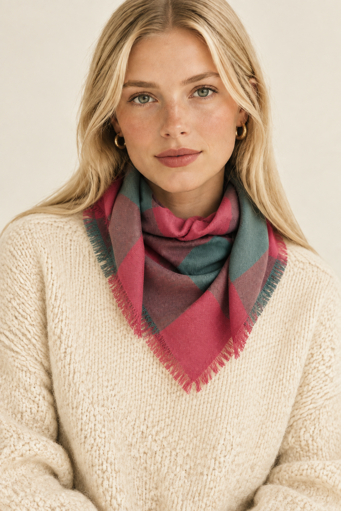 Model wearing vintage pink and teal Scottish wool square scarf around neck