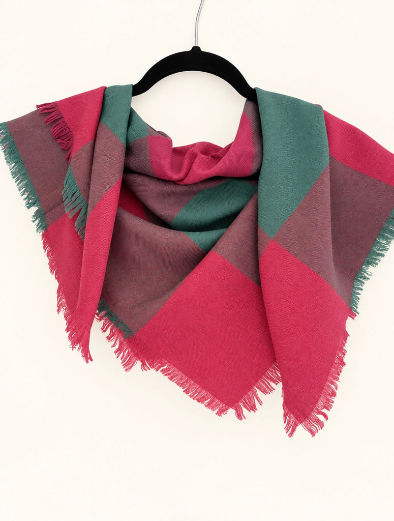 Hand-woven Scottish wool plaid scarf styled as a triangular neck scarf