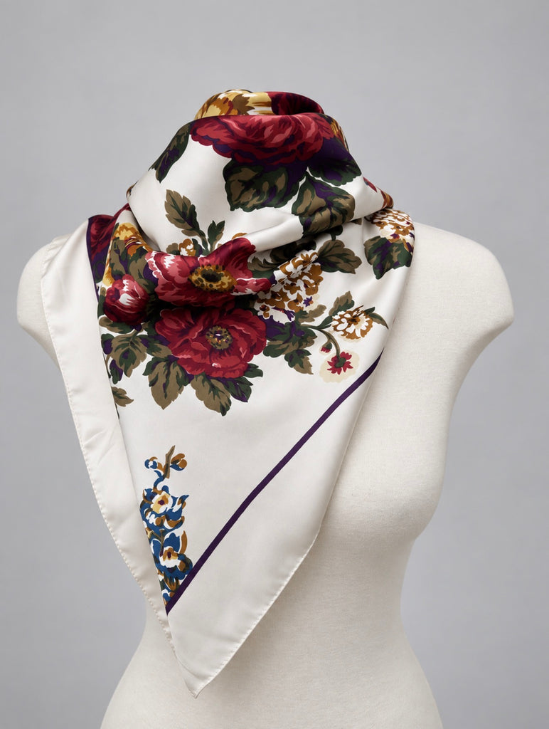 Vintage Italian square scarf styled around the neck with colourful floral pattern