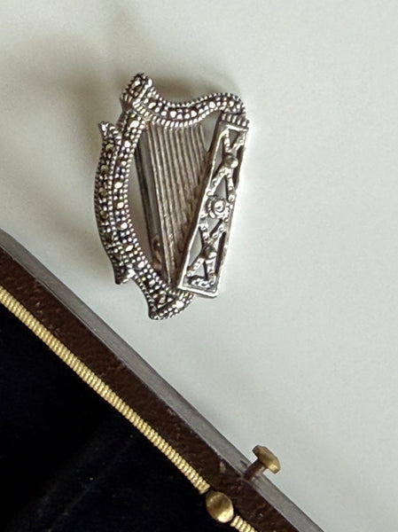 Vintage Solvar sterling silver Irish harp brooch with faceted marcasite stones
