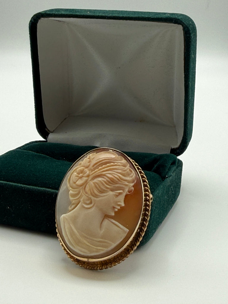 Vintage carved shell cameo brooch pendant with woman portrait and gold-filled frame