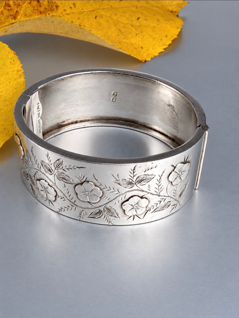 Interior of antique Henry Matthews sterling silver hinged bangle