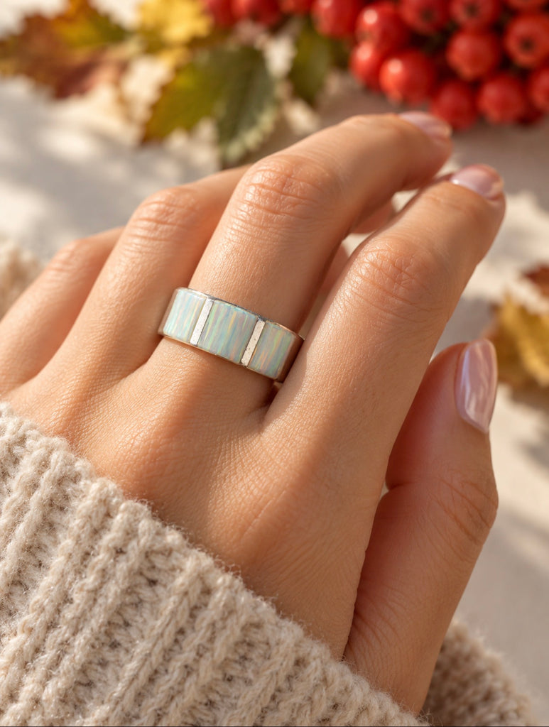 Sterling silver opal ring size 9 shown worn on hand