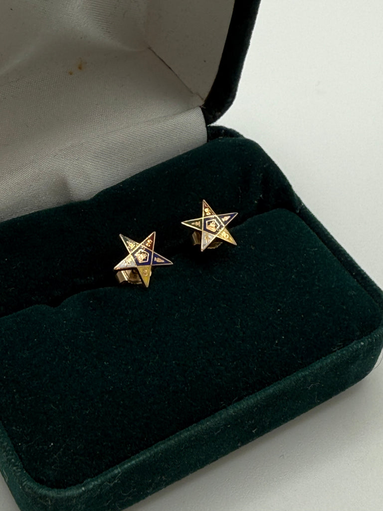 Vintage Order of the Eastern Star stud earrings showing multicoloured enamel star emblems