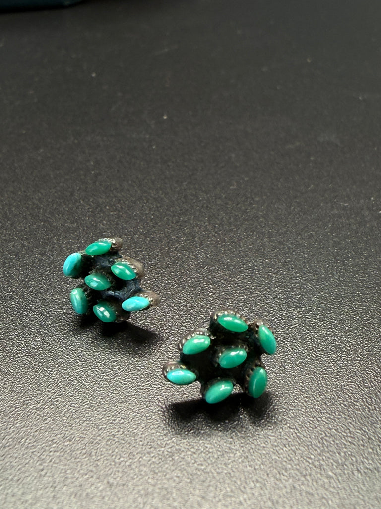 Pair of vintage Zuni petit point turquoise sterling silver leaf cluster earrings