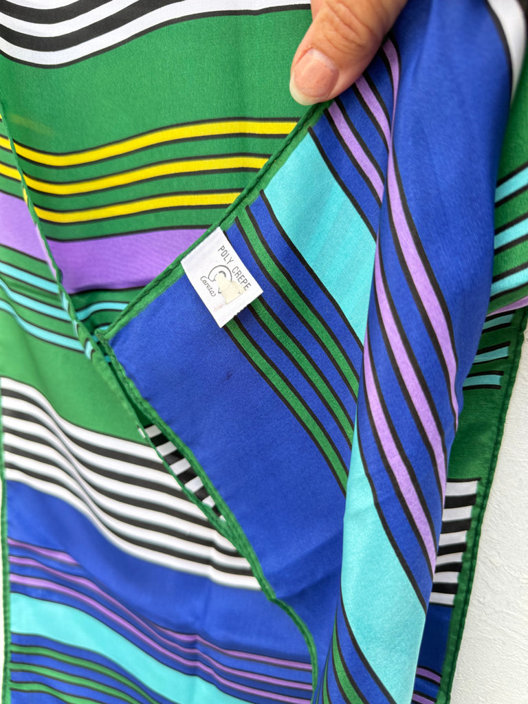 Vintage Made in Korea striped scarf shown full length with colourful geometric design. 