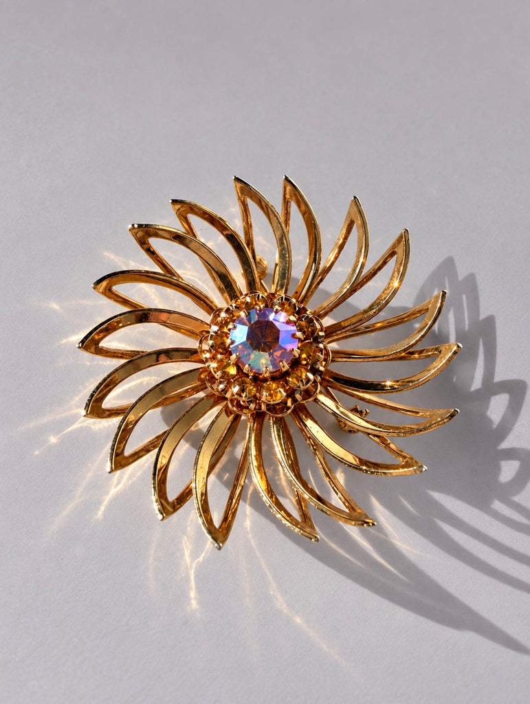 Vintage 1960s Sarah Coventry Amber Blossom flower brooch with Aurora Borealis rhinestone