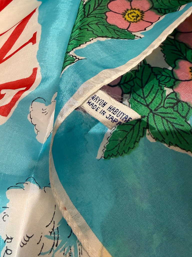 Vintage Banff National Park scarf label marked Satin Rayon Made in Japan. 