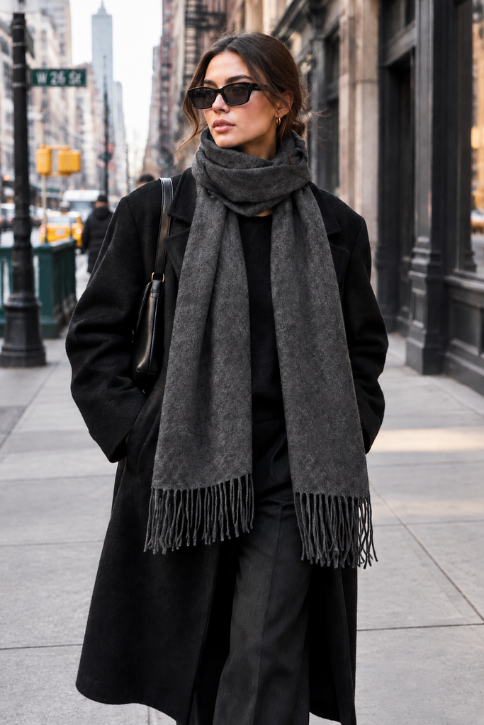 Long charcoal grey cashmere scarf styled with a black winter coat