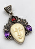 Vintage Balinese goddess sterling silver pendant with carved cream face, purple amethysts and red garnet