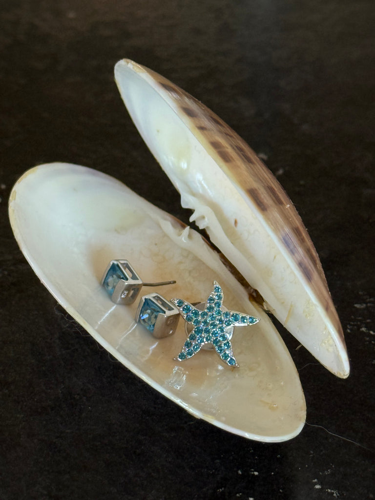 Swarovski Eternity starfish crystal pin and blue stud earrings displayed together