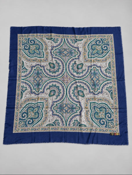Vintage Art of the Scarf Italian paisley square shawl in blue teal and cream