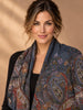 Model wearing vintage Liz Claiborne paisley wool scarf draped over shoulders