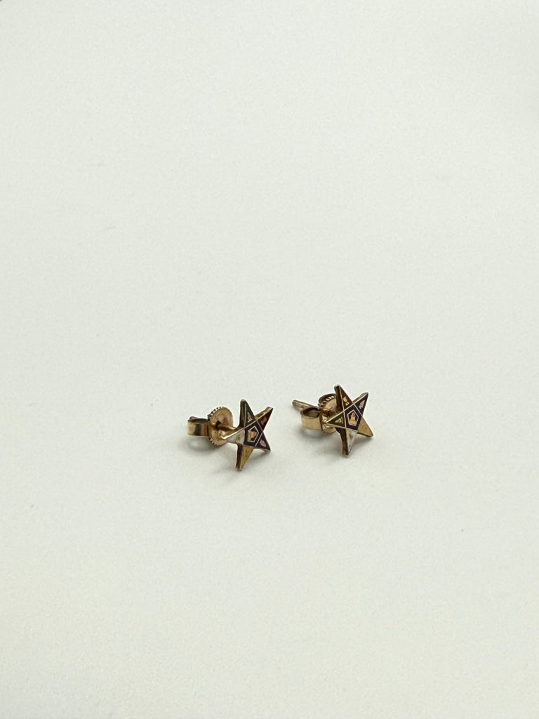Pair of vintage OES five-pointed star earrings with multicoloured enamel and gold-tone metal