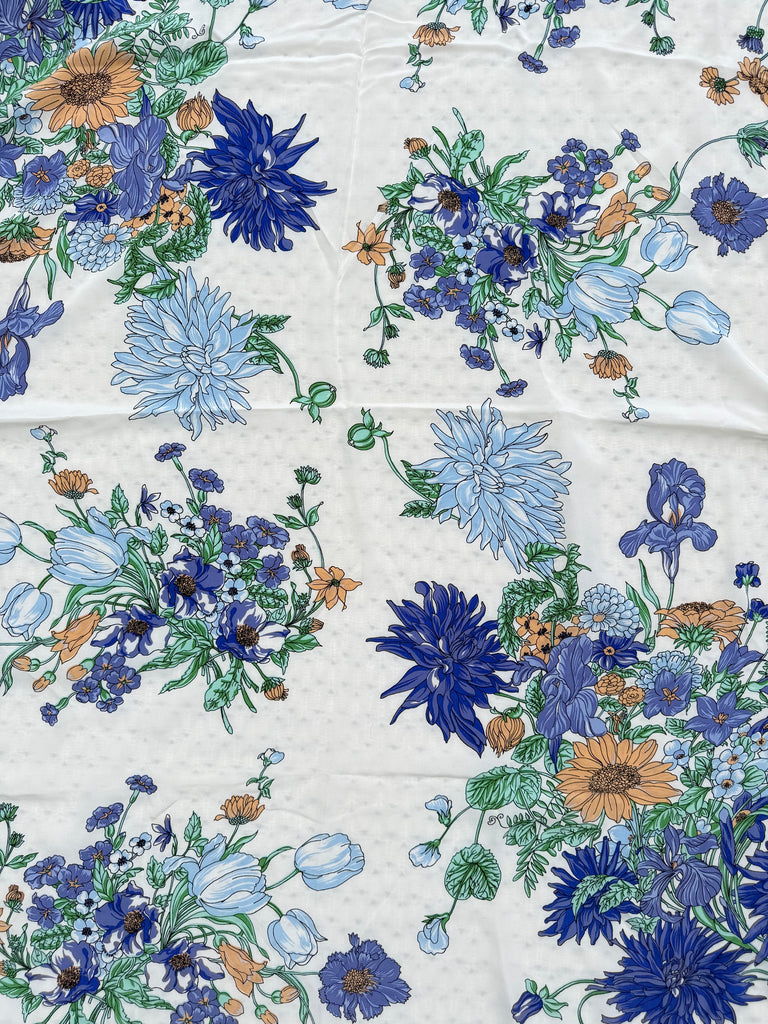 Vintage square scarf with colourful blue green and gold botanical floral design. 