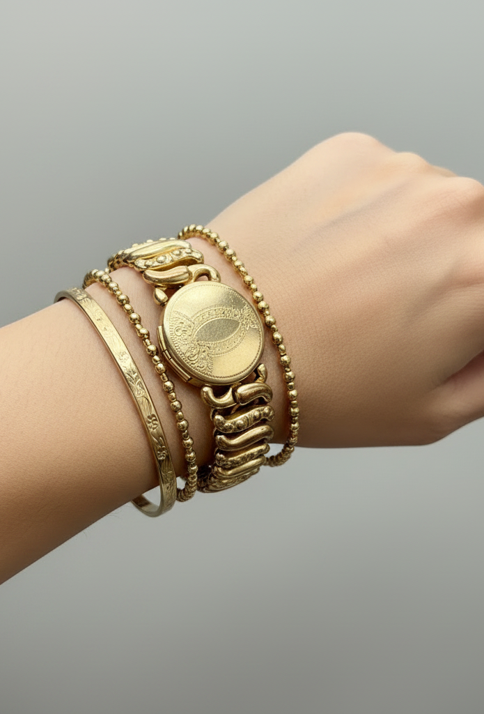 Antique WWII-era heart bracelet styled on the wrist with an unmonogrammed engraved medallion, warm gold tones and decorative expansion links. 