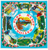 Vintage Banff National Park scarf featuring colourful Canadian Rockies landmarks and turquoise floral border. 