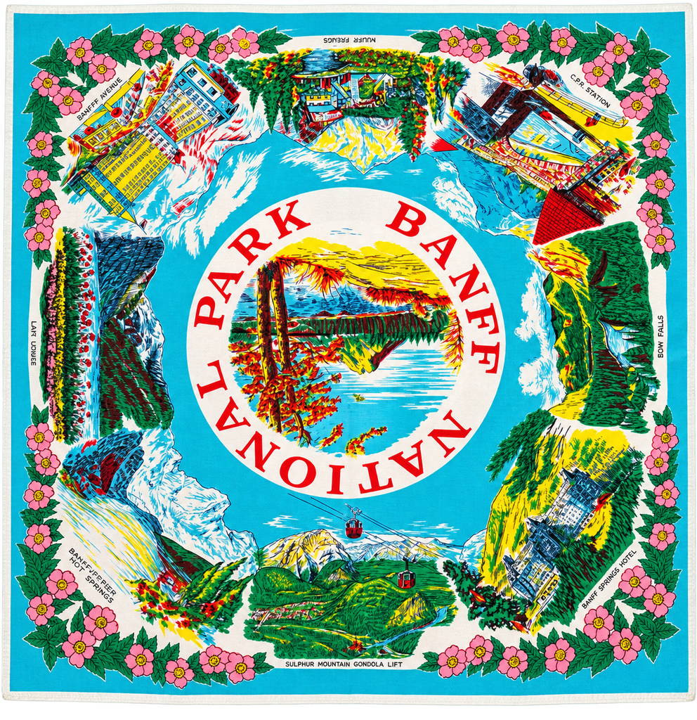 Vintage Banff National Park scarf featuring colourful Canadian Rockies landmarks and turquoise floral border. 