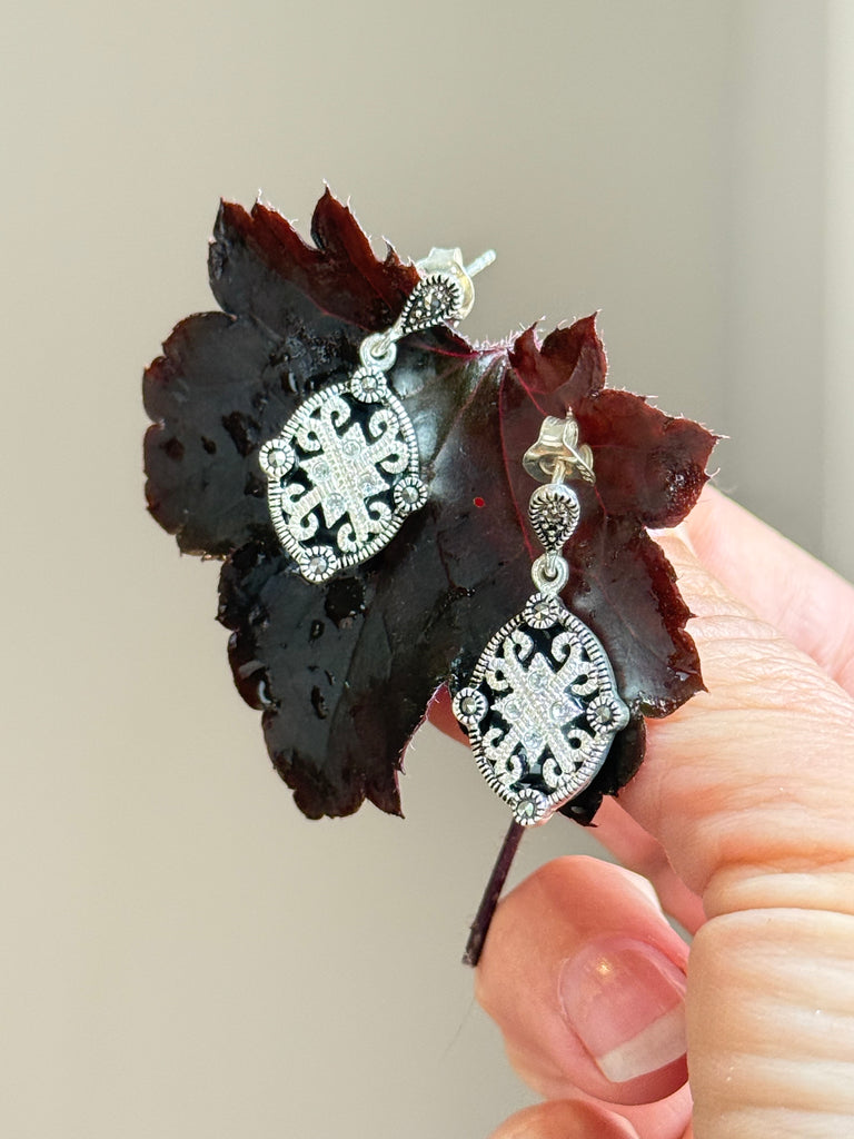 Vintage Art Deco style silver dangle earrings with black and clear decorative stones
