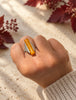 USSR vintage amber silver ring worn on hand showing bold geometric design