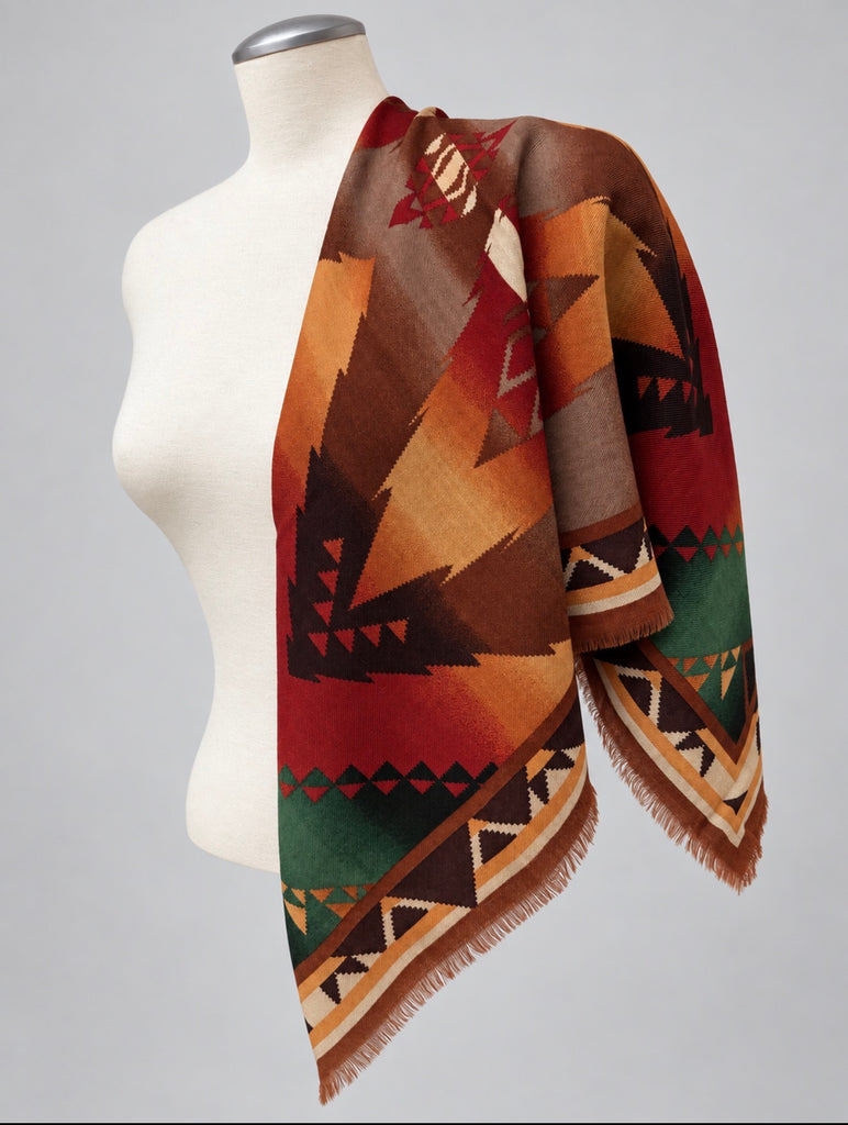 Ralph Lauren Southwestern wool scarf styled over the shoulders as a shawl