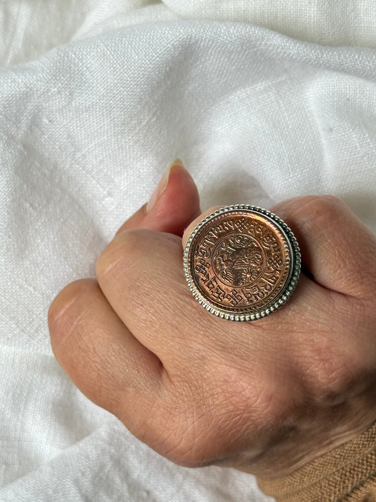 Vintage sterling silver Nepal coin statement ring size 8 shown worn on hand