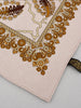 Close-up of hand-printed floral pattern on vintage Swiss wool scarf