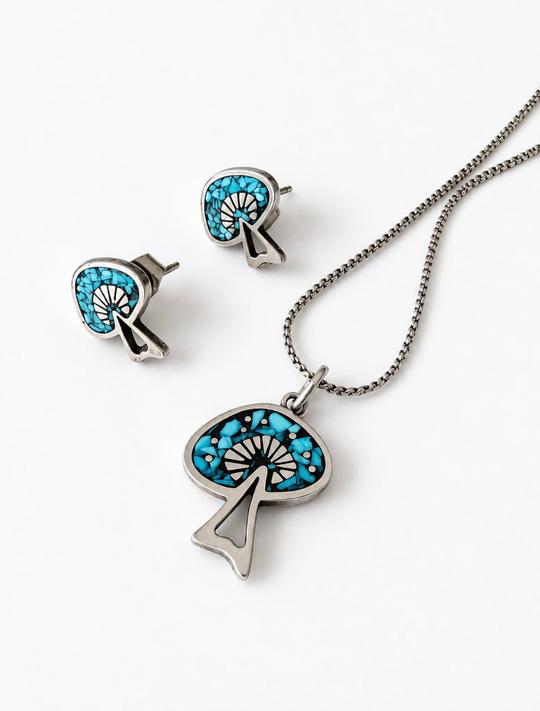 Vintage turquoise mosaic necklace and matching earring jewellery set
