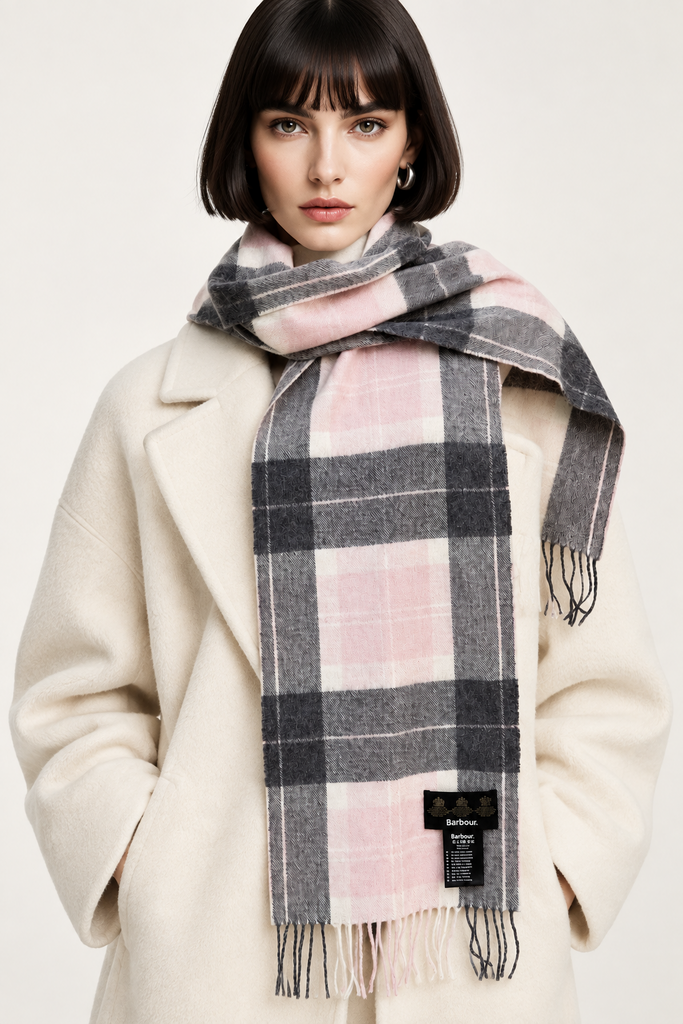 Woman wearing Barbour pink and grey plaid winter scarf with cream coat