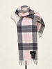 Long pink grey and cream checked Barbour scarf displayed on mannequin