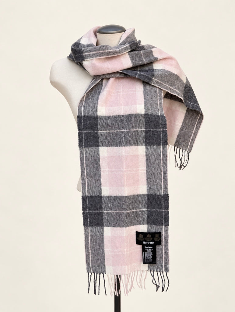 Long pink grey and cream checked Barbour scarf displayed on mannequin