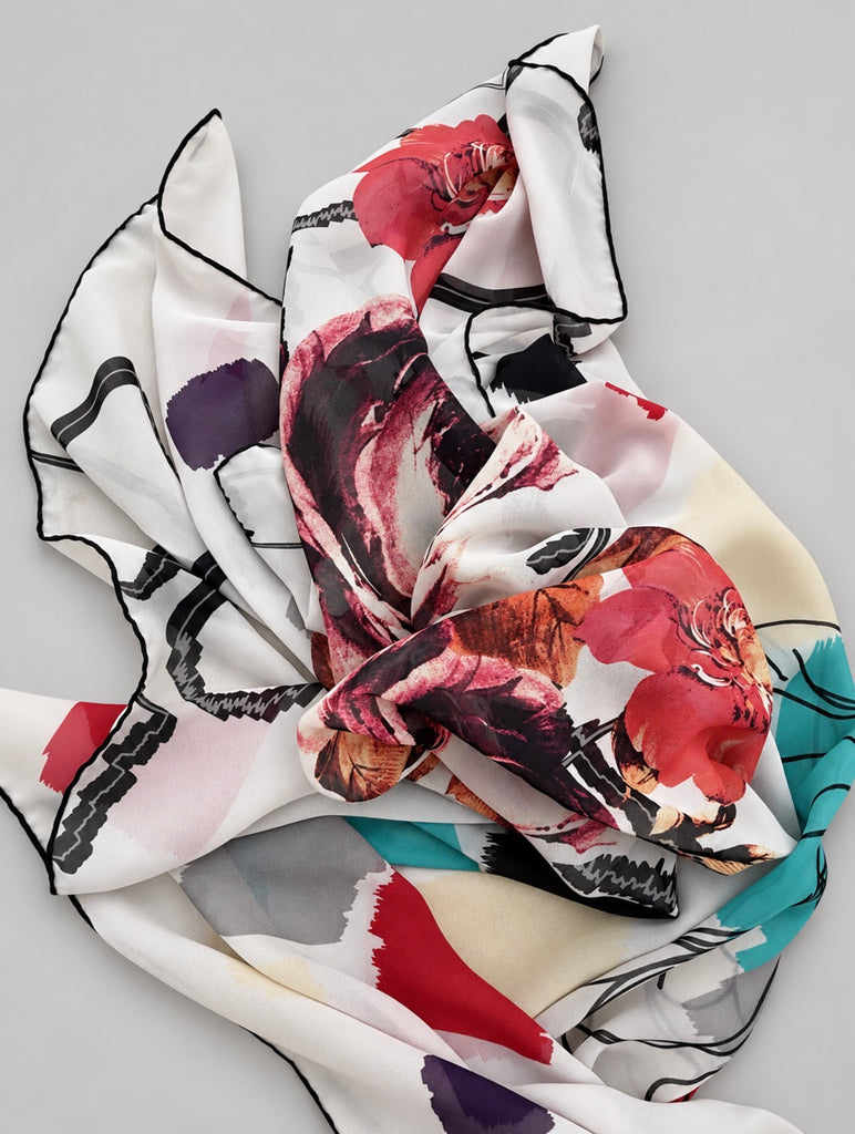 Aker Sport square scarf with rose coral teal and black abstract floral print