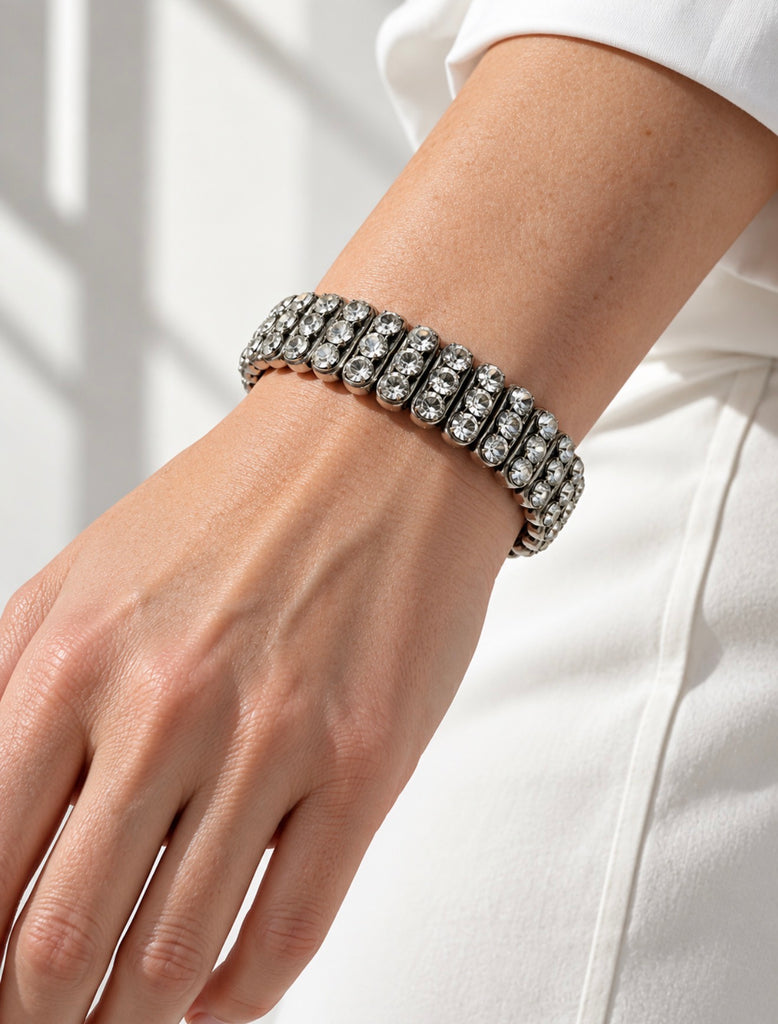 Vintage triple row rhinestone expansion bracelet worn on wrist