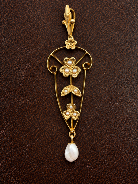 Antique Art Nouveau 14K yellow gold lavalier pendant with floral seed pearls and dangling freshwater pearl.
