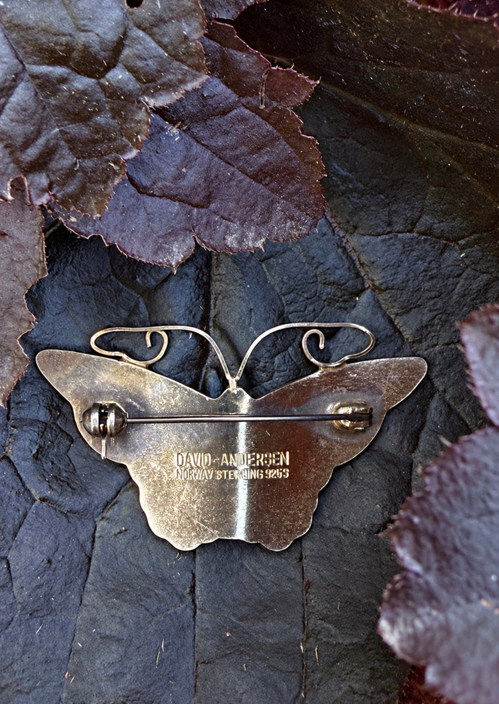 Reverse of vintage David-Andersen butterfly brooch showing "DAVID-ANDERSON, NORWAY STERLING 925S" stamp