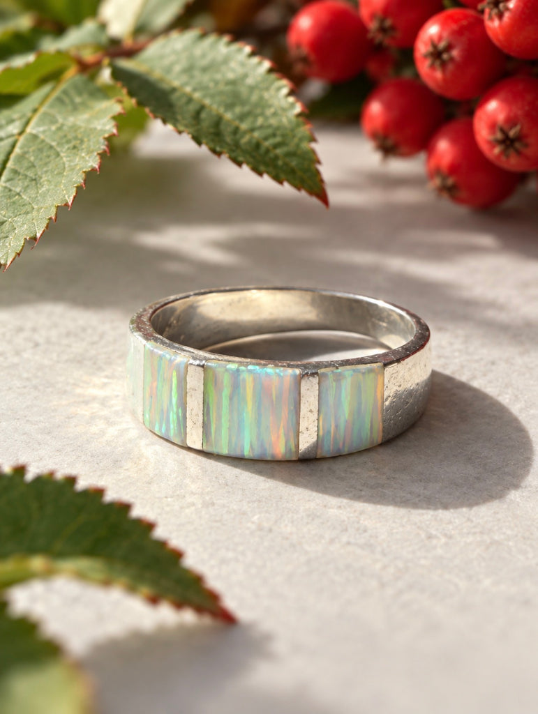 Wide 925 sterling silver ring with green blue and pink opal panels