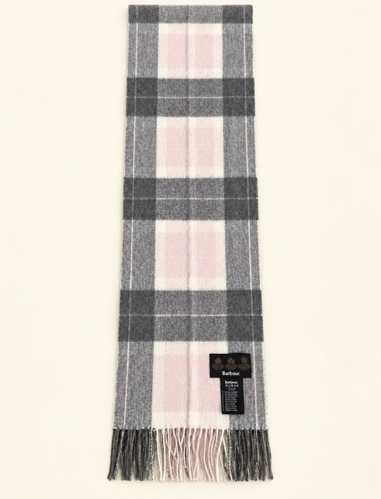 Vintage Barbour pink grey and cream plaid wool cashmere scarf with fringed ends