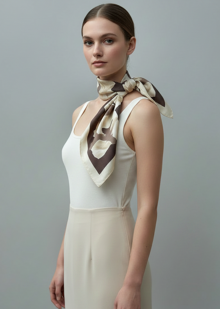 Vintage Jeanne Lanvin Paris silk scarf styled around the neck with brown and ivory floral design