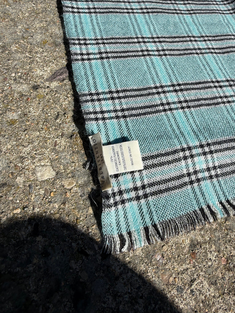 Close-up of blue teal grey plaid pattern on vintage Valbisenzio scarf