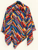 Vintage Liberty Bauhaus wool scarf showing colourful geometric pattern and fringed edges