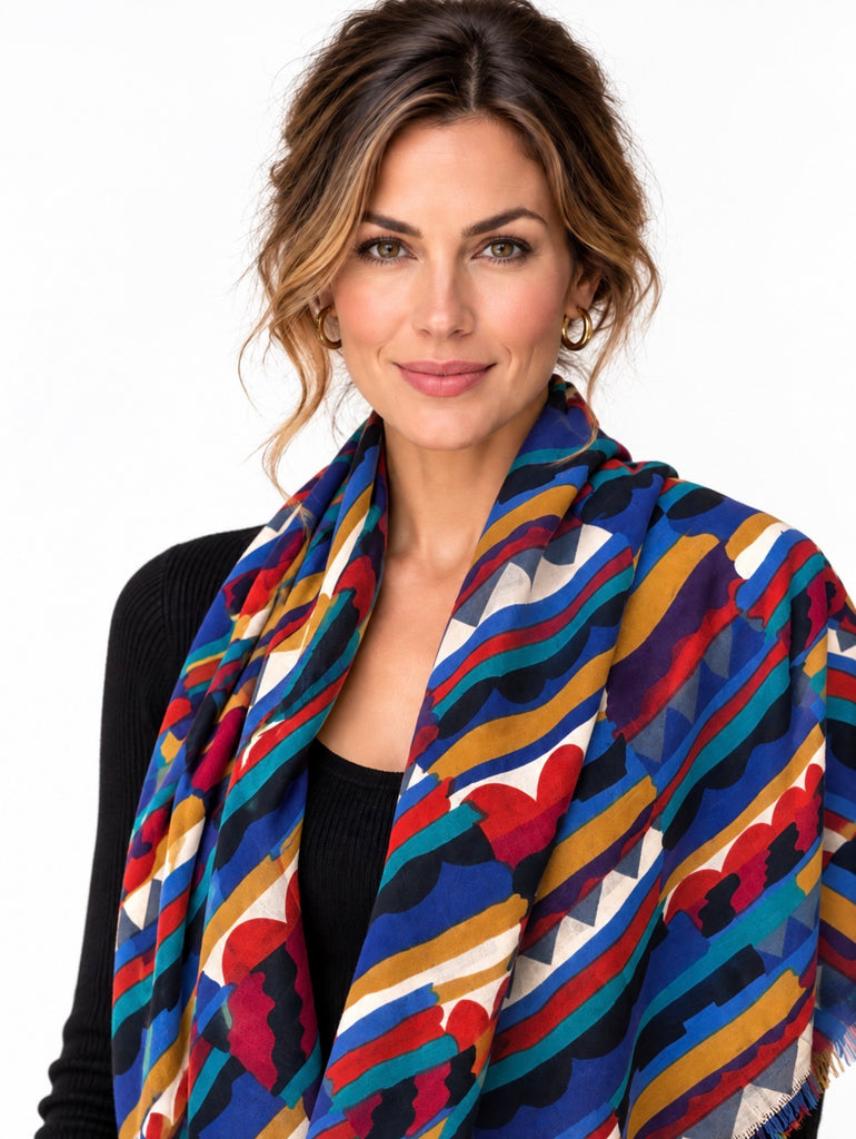 Vintage Liberty Bauhaus wool scarf styled over the shoulders