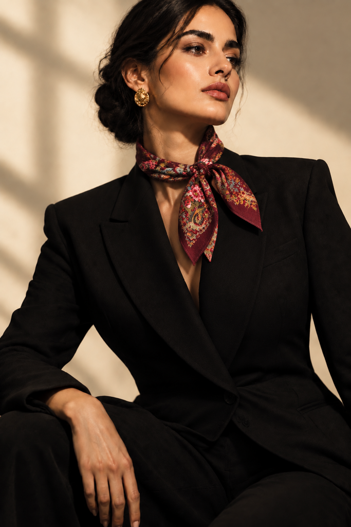 Vintage burgundy floral wool scarf styled around the neck